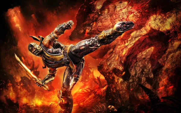 HD wallpaper featuring Scorpion from Mortal Kombat in a dynamic action pose, set against a fiery background.