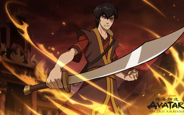 4K Ultra HD PC wallpaper of Zuko (Avatar) brandishing a curved blade amid Susano (Smite)-style swirling flames, video game crossover background.
