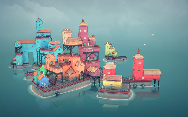 HD desktop wallpaper featuring a vibrant, stylized Townscaper cityscape surrounded by calm waters.