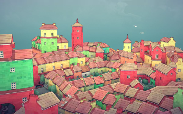 HD Townscaper game wallpaper featuring a colorful, whimsical town with assorted houses and towers overlooking the sea.
