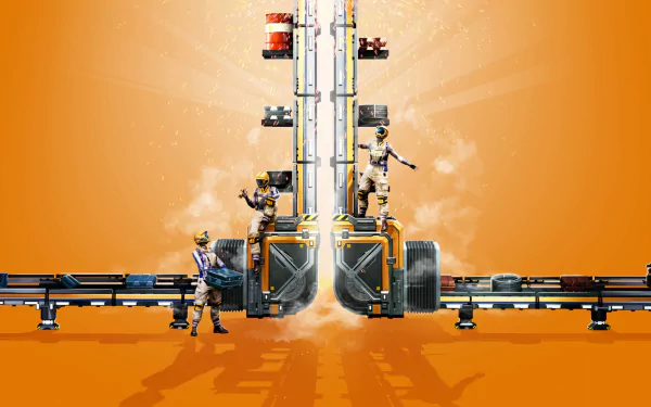 Satisfactory game-themed HD desktop wallpaper featuring an engineer and industrial machinery on an orange background.