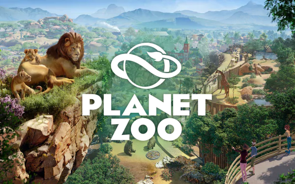 HD desktop wallpaper for Planet Zoo featuring lions and a zoo landscape in the background.