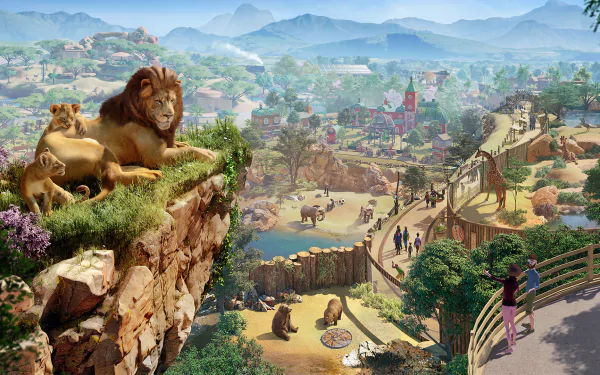 HD Planet Zoo wallpaper featuring a detailed zoo landscape with lions on a cliff and visitors enjoying the view.