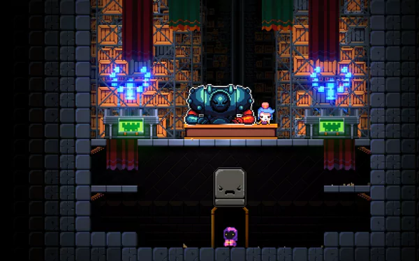 HD desktop wallpaper of Exit The Gungeon game, featuring a pixel art scene with a character in a gun-filled library environment.