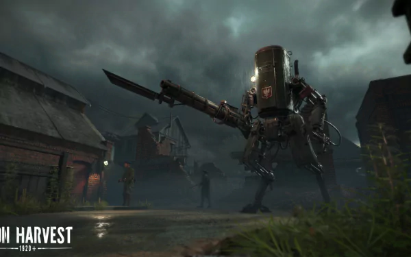 HD desktop wallpaper from Iron Harvest featuring a mech with a cannon in a war-torn village at night.