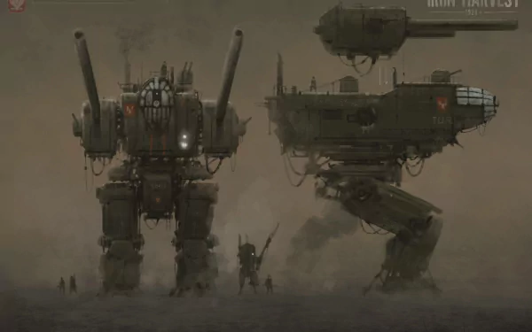 HD wallpaper of Iron Harvest featuring mech units and an airship in a gloomy battlefield setting.