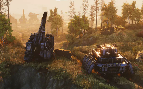 HD desktop wallpaper of Iron Harvest featuring mechs on a battlefield at dawn with trees and ruins in the background.