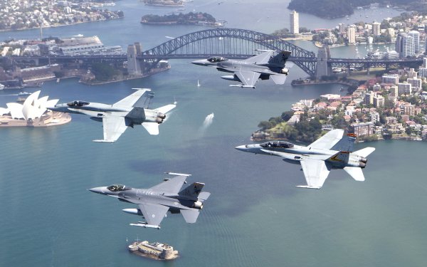 Military Air Show Military Aircraft Sydney Harbour Bridge Australia McDonnell Douglas F/A-18 Hornet General Dynamics F-16 Fighting Falcon HD Wallpaper | Background Image