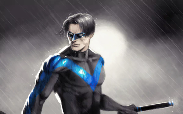 Nightwing (Dick Grayson) in blue-and-black suit, holding escrima stick under rain with moonlit backdrop — DC Comics comic-style 4K Ultra HD PC desktop wallpaper/background