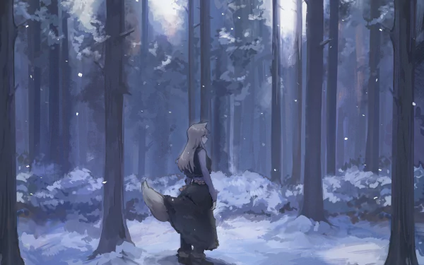 HD PC wallpaper of Holo (Spice & Wolf): anime scene of her with fox ears and tail standing in a quiet, snow-covered forest beneath tall trees.