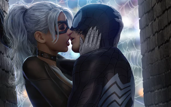 Black Cat and Spider-Man share a close moment in this 4K Ultra HD comic-style wallpaper, capturing the iconic Marvel Comics duo in an intimate scene.