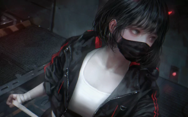 HD anime desktop wallpaper featuring an original character with short black hair, wearing a mask and dark clothing in a dim, futuristic setting.