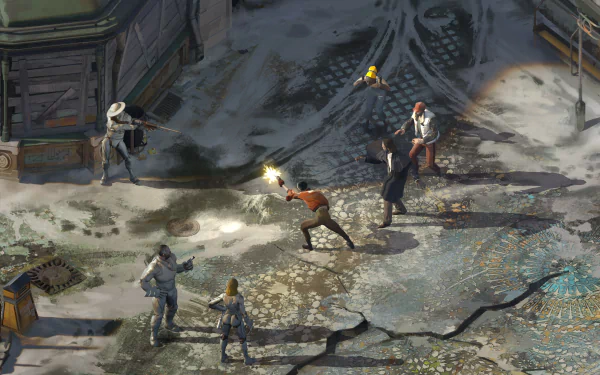 HD wallpaper from Disco Elysium showcasing characters in an intense scene with firearms drawn.