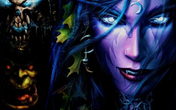 A vivid HD wallpaper showcasing characters from World of Warcraft, featuring a fierce figure with glowing eyes and intricate details against a dark background.