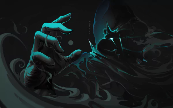 HD desktop wallpaper featuring Omen from the video game Valorant. Omen is shown with a dark, ethereal aesthetic, with his hand extended and shadowy, blue-tinted effects surrounding him.