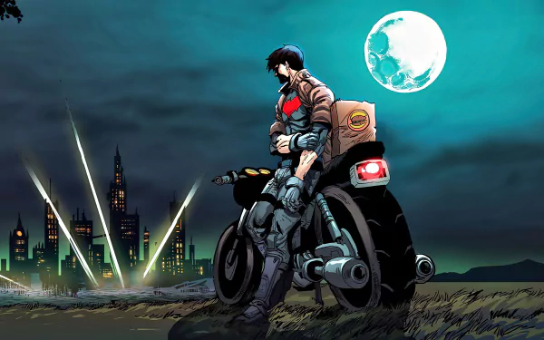 Jason Todd as Red Hood sits on a motorcycle beneath a full moon — comic-style DC Comics 2K Quad HD PC desktop wallpaper/background.