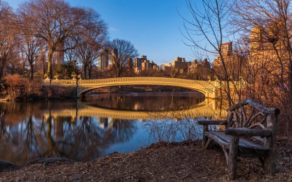 Bow Bridge pond bench USA New York bridge man made HD Desktop Wallpaper | Background Image
