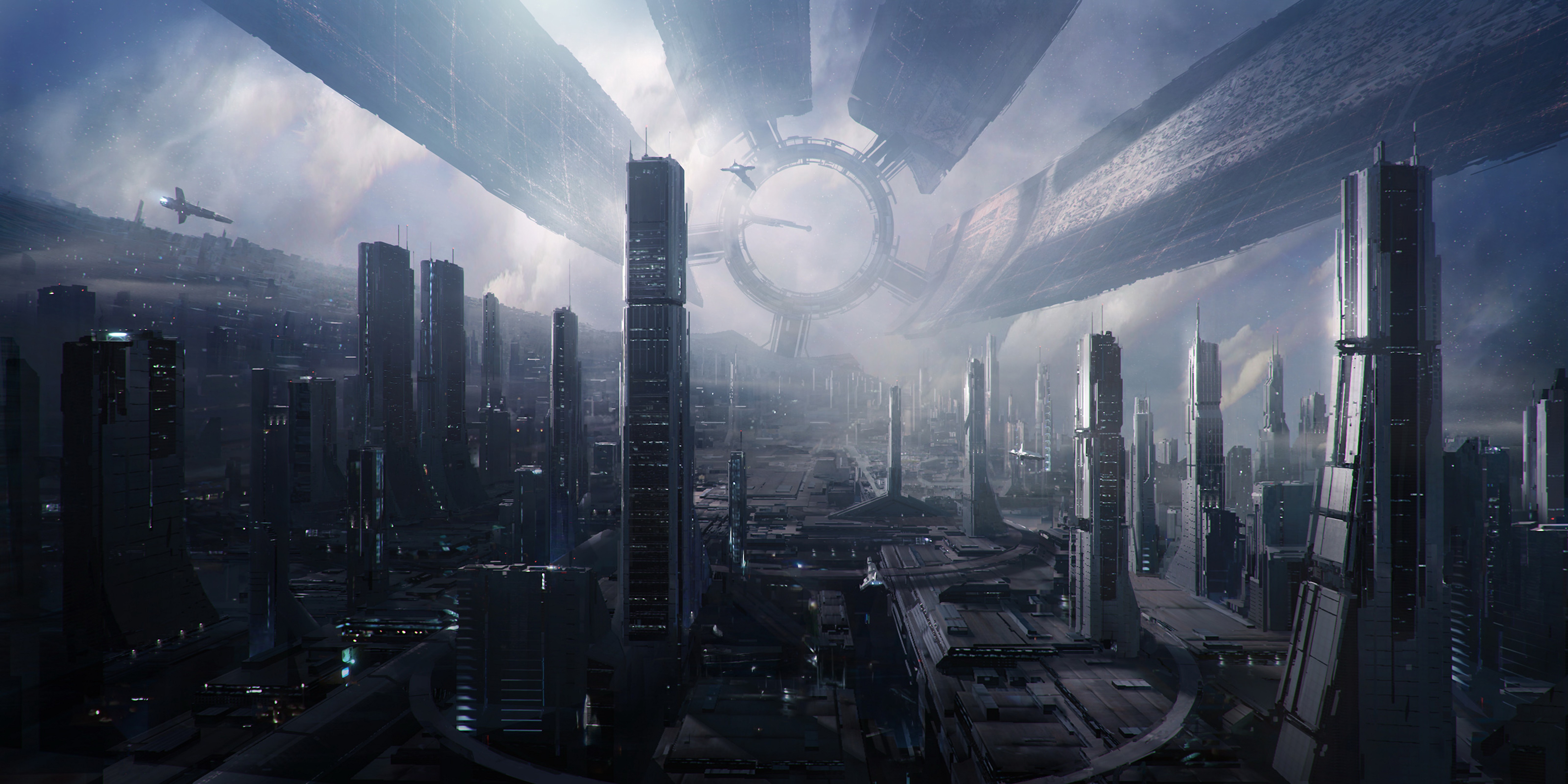 Mass Effect 2 Citadel: Futuristic cityscape with a spaceship hovering above buildings - 4K desktop wallpaper.
