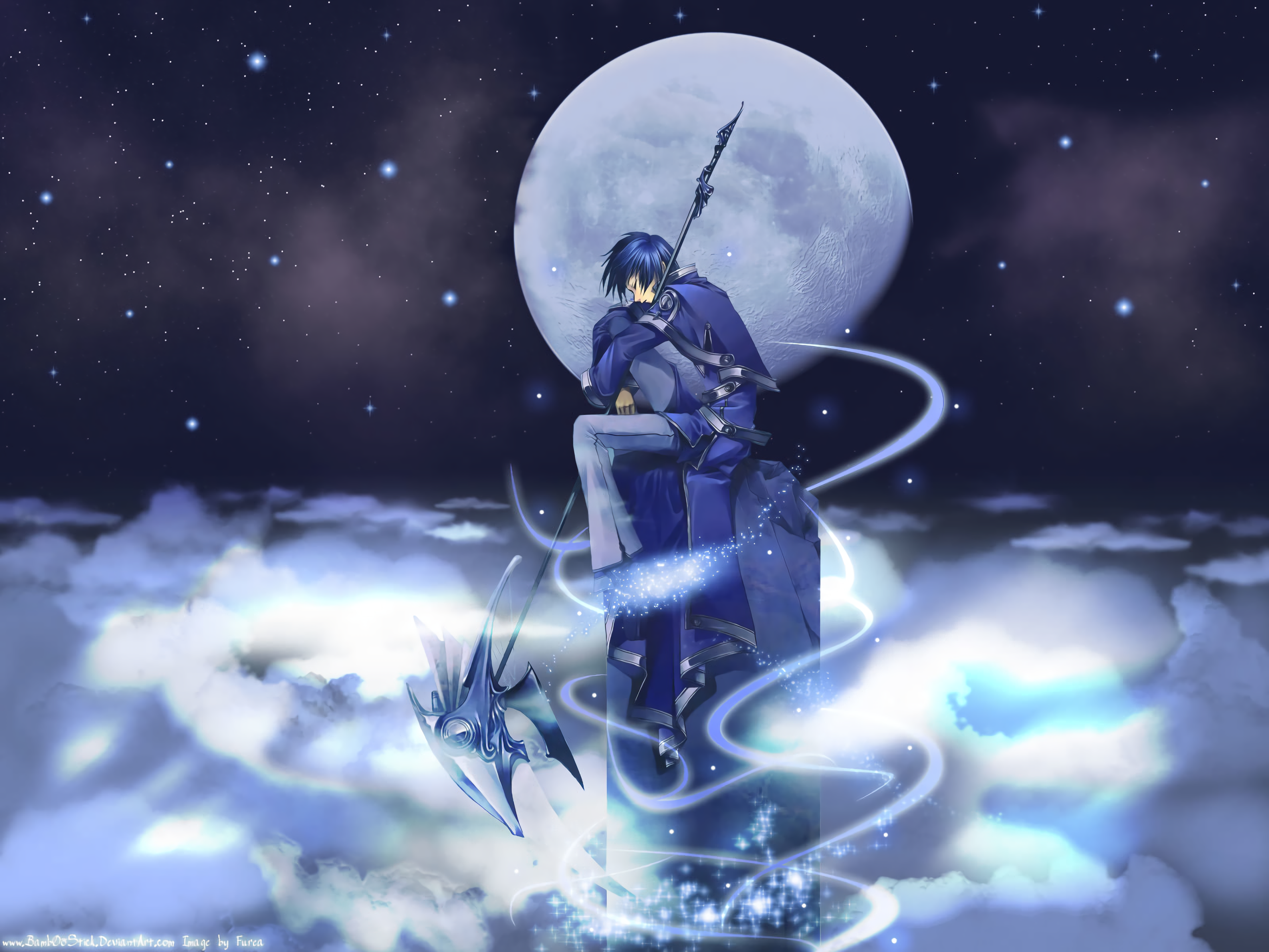 Anime boy standing under a blue moon