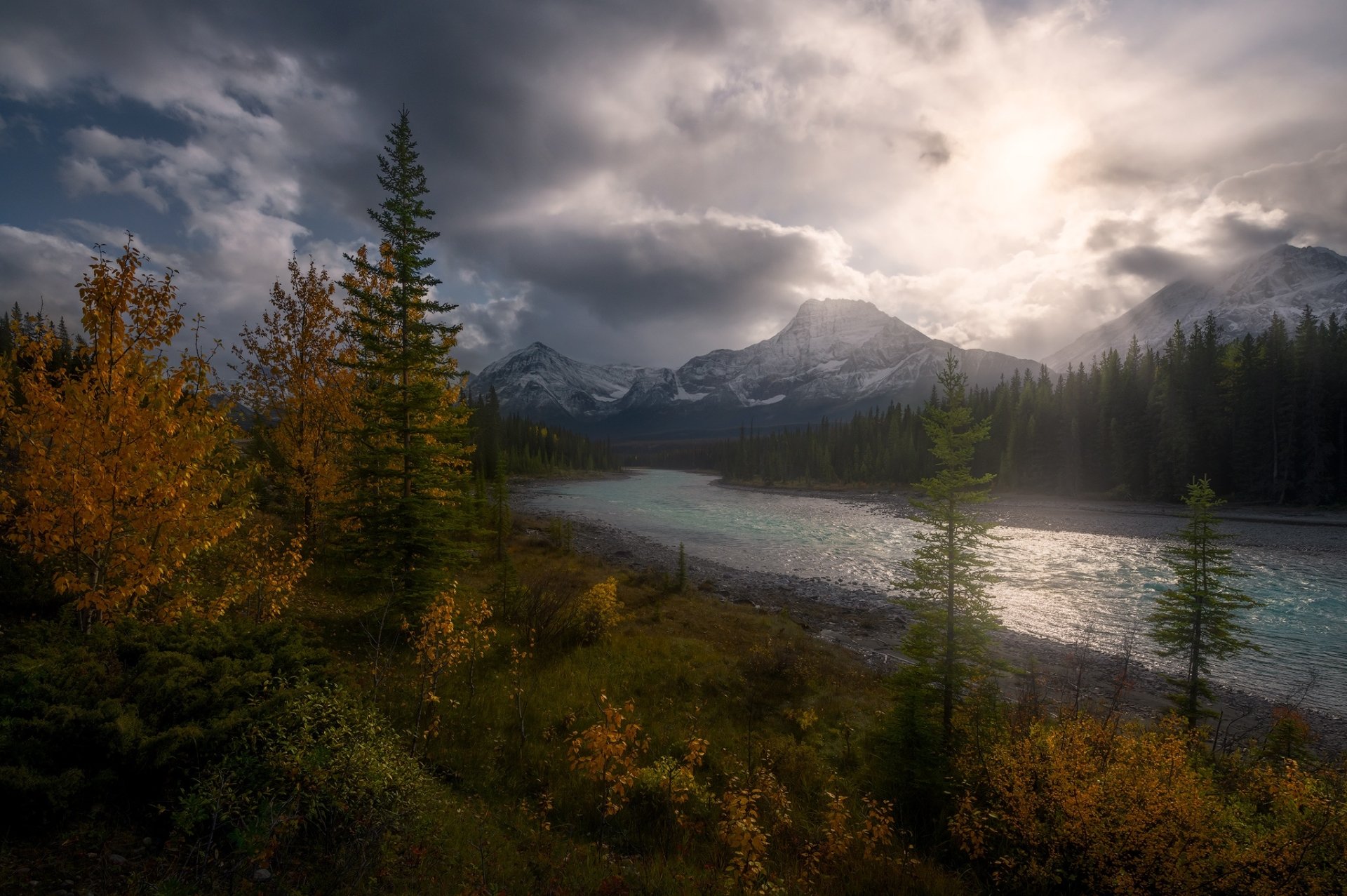Download Jasper National Park Alberta Canada Vegetation Cloud Mountain Landscape Fall Nature River HD Wallpaper