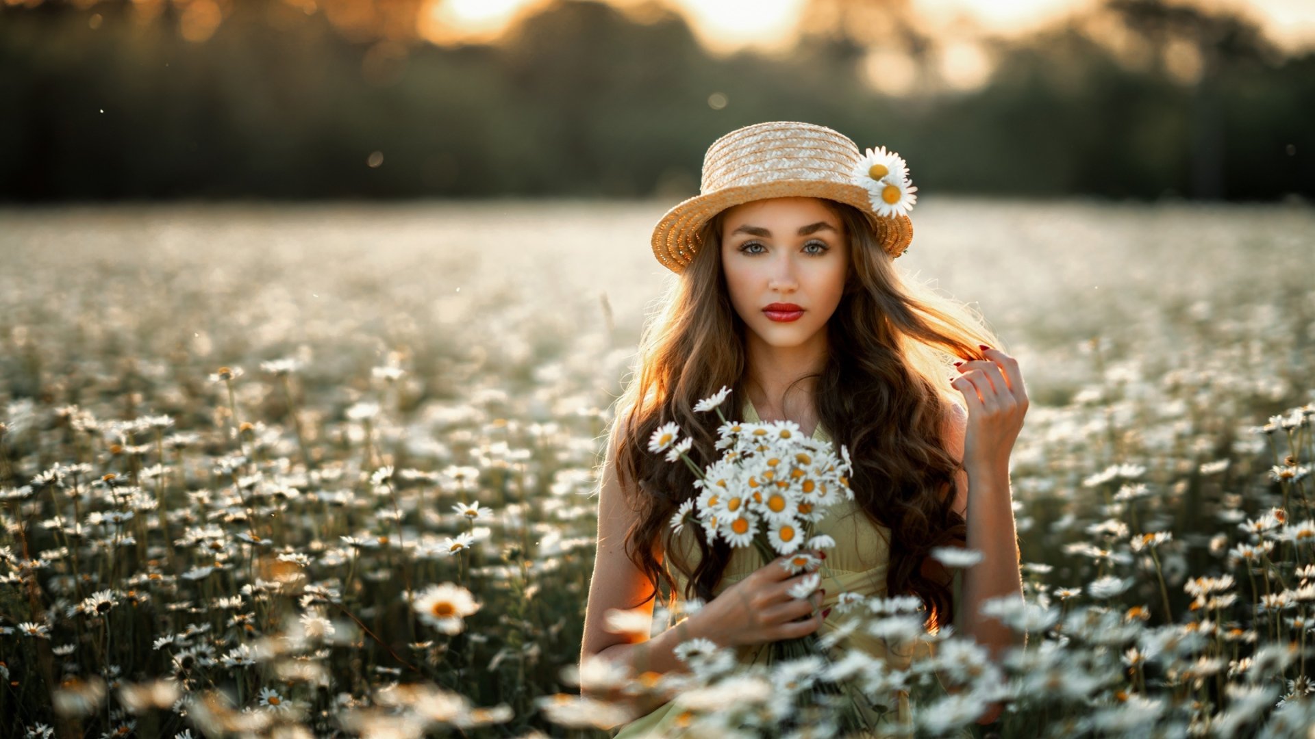 Download Victoria Yurkovskaya Lipstick Depth Of Field White Flower Brunette Hat Woman Model HD Wallpaper by Eugene Vigursky