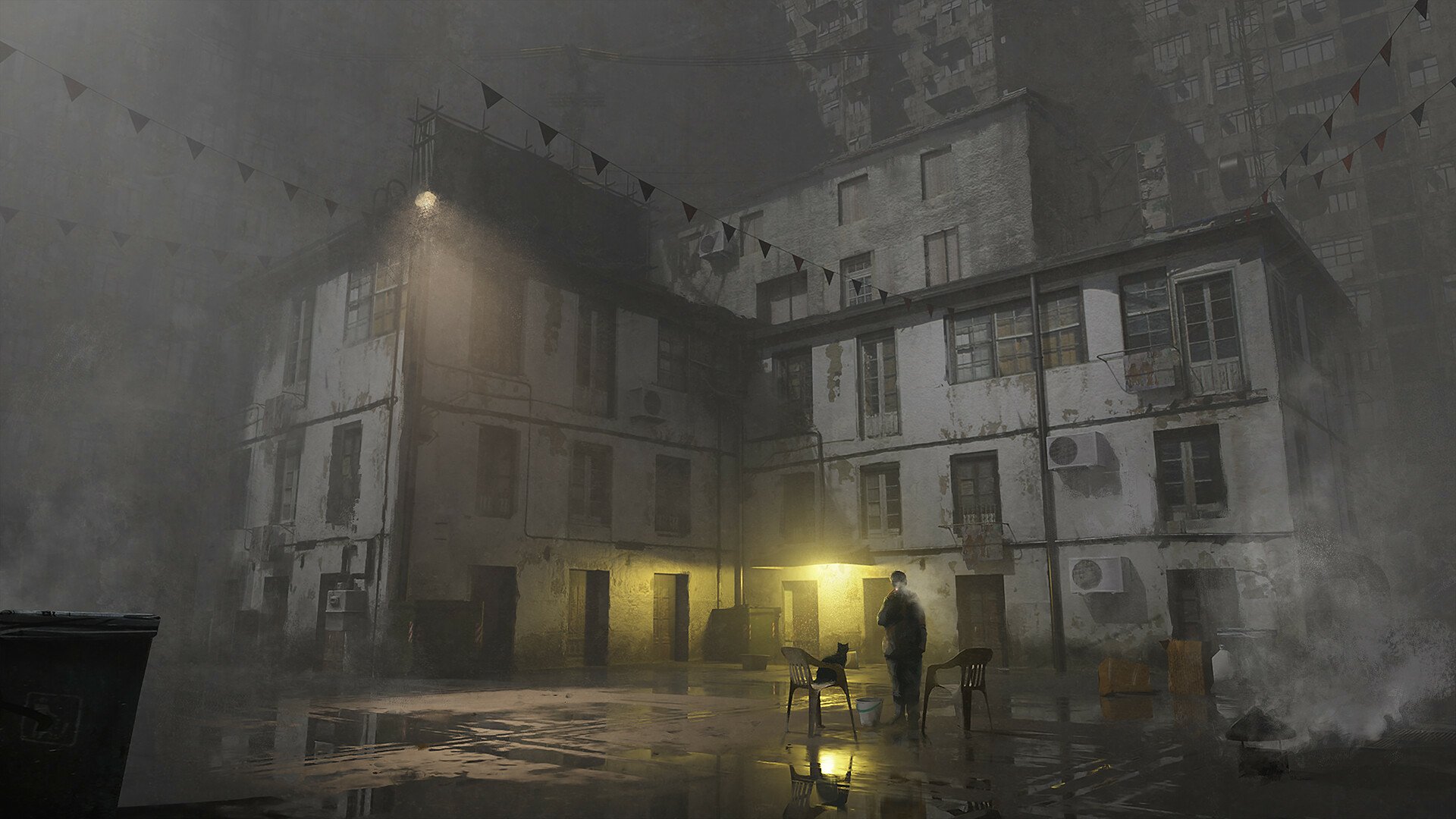 Download Puddle Night Grey Fog Smoking Cat Artistic Building HD Wallpaper by Max Steksov