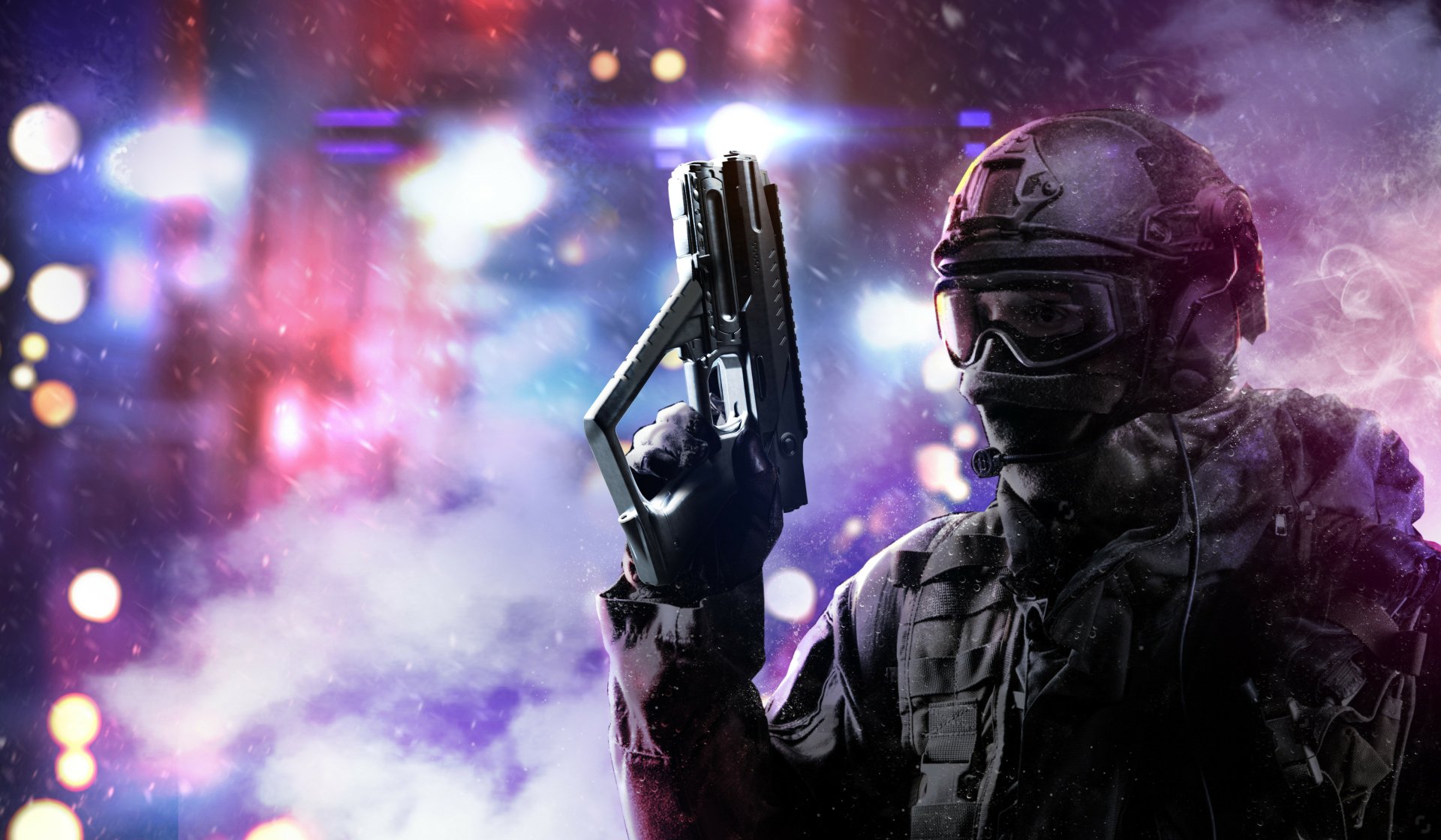 4K Ultra HD PC desktop wallpaper: sci-fi warrior in tactical armor and visor, holding a futuristic handgun against a neon, smoky city backdrop.