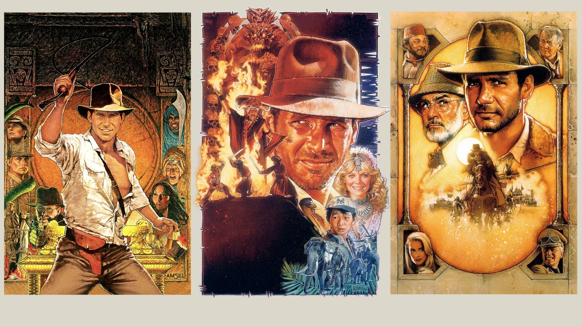 2K quad HD desktop wallpaper: triptych of vintage Indiana Jones movie posters showing the adventurer in his fedora and whip from Indiana Jones and the Temple of Doom.
