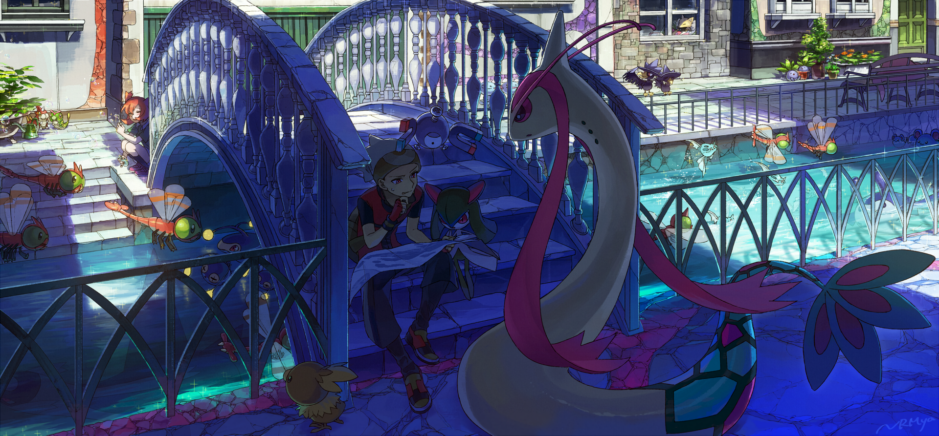 HD PC desktop wallpaper featuring Milotic from Pokémon: Ruby, Sapphire, and Emerald, set beside a serene bridge and pool in a detailed video game environment.