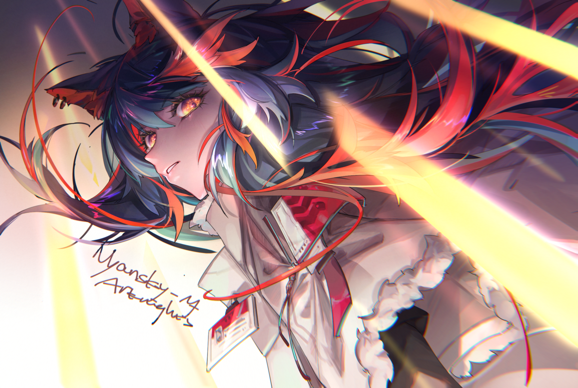 4K Ultra HD PC wallpaper of Texas (Arknights) — stylized Arknights video game portrait: dark-haired character with animal ears, glowing orange eyes, dynamic red-orange light streaks.