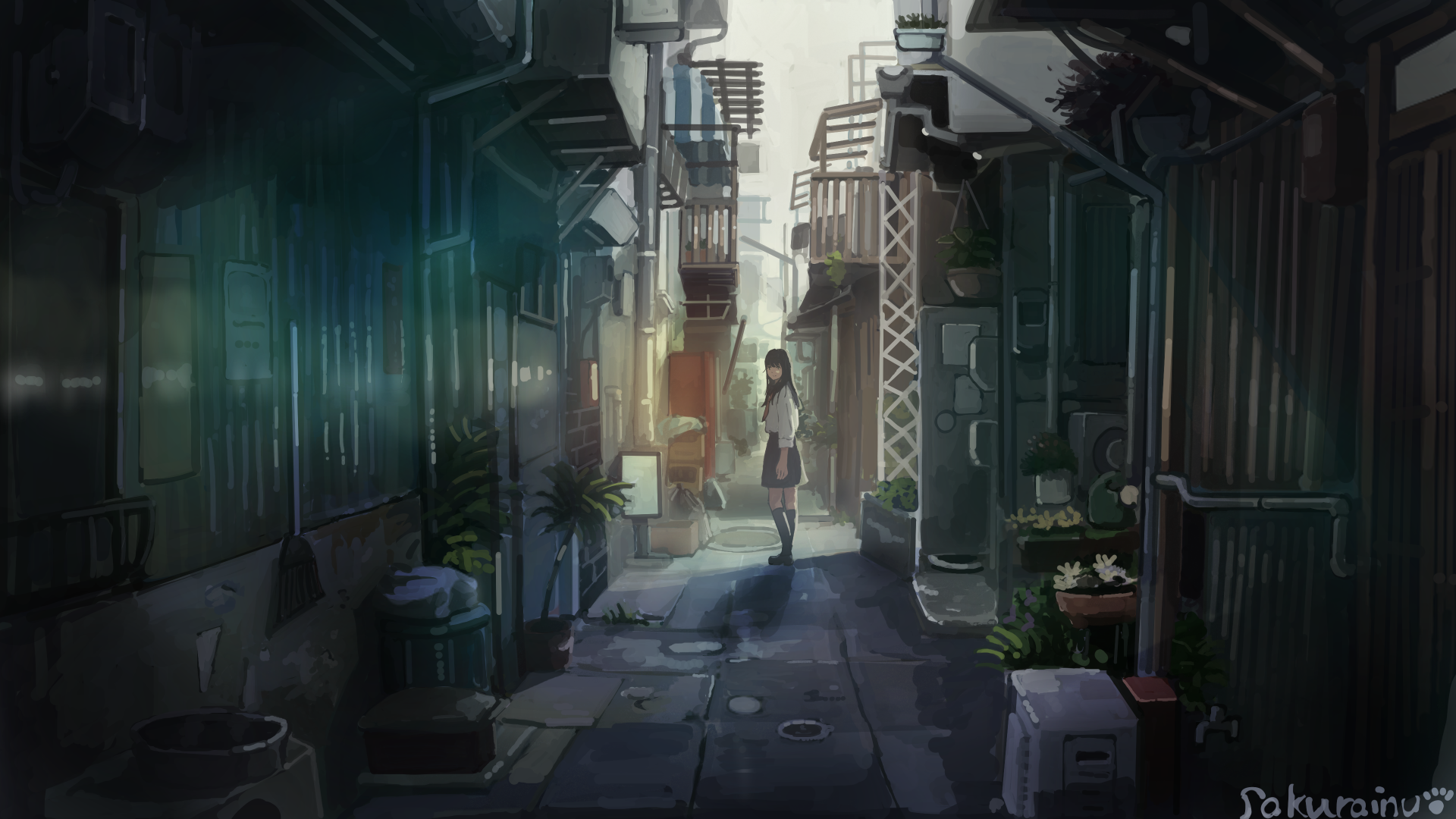 A 4K Ultra HD anime-style image of a girl in a school uniform standing alone in a dimly lit alleyway, blending original art with atmospheric urban details.