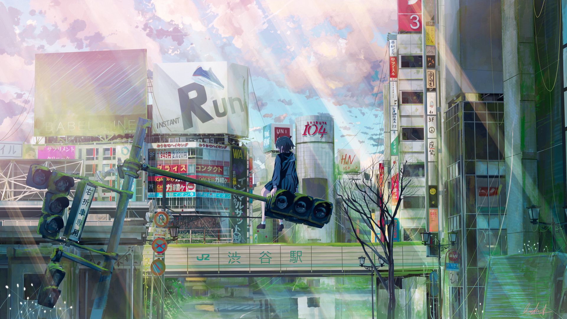 HD anime wallpaper featuring an original artwork of a person standing in a vibrant cityscape under pastel skies, with numerous buildings, signboards, and traffic lights creating an atmospheric urban scene.