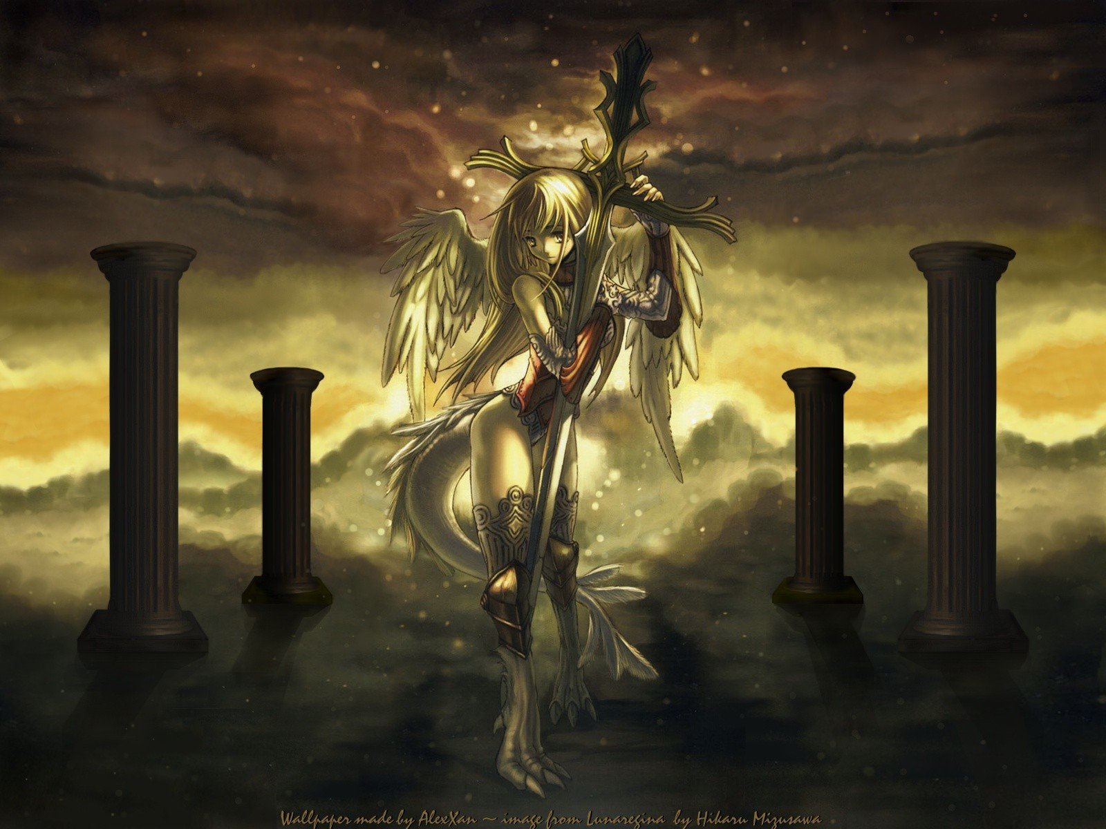 HD desktop wallpaper featuring an anime angel standing between ancient pillars against a dramatic, cloudy sky background.