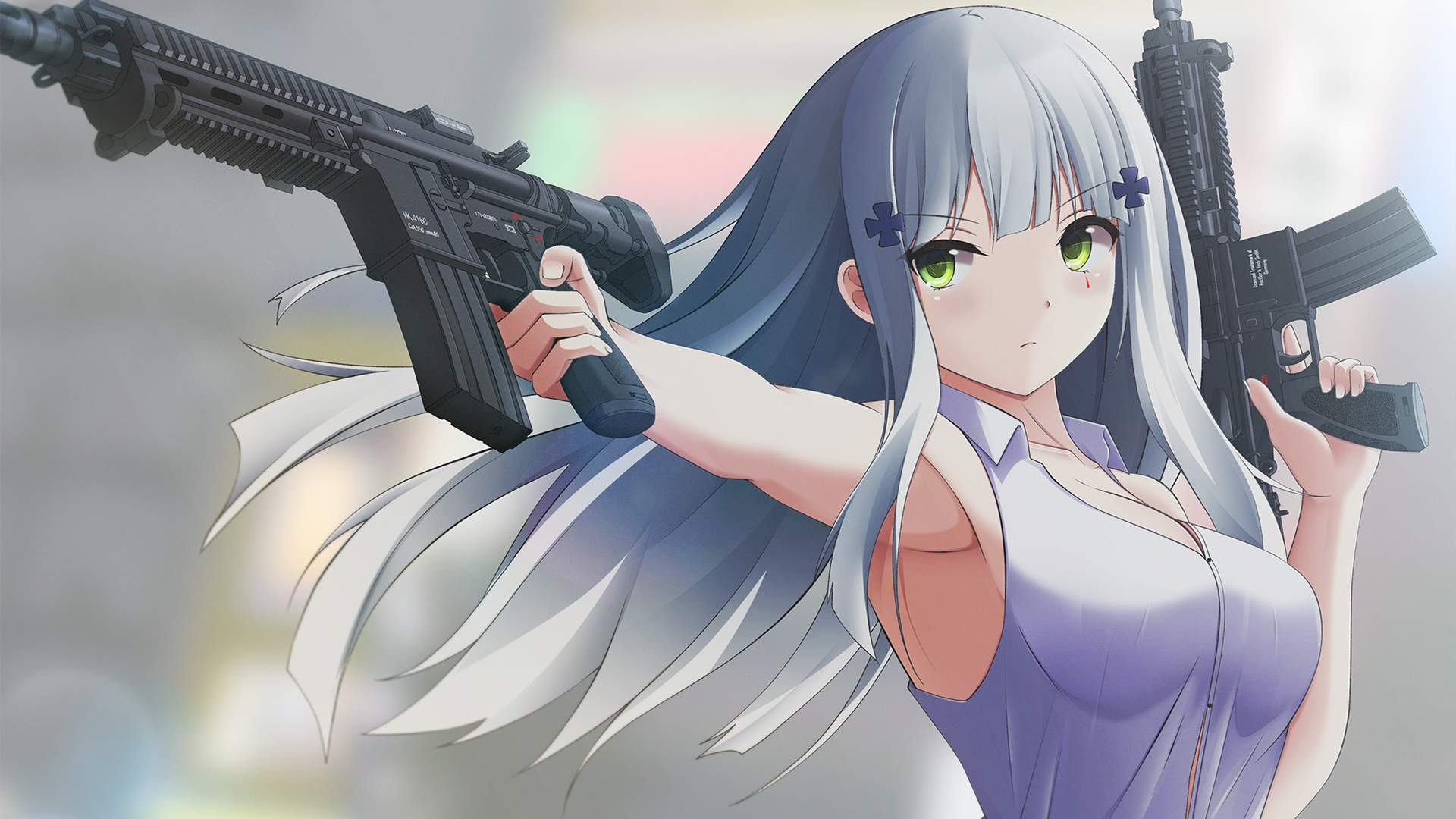 HD PC desktop wallpaper of HK416 (Girls' Frontline): anime girl with long white hair and green eyes twin-wielding rifles, video game character.