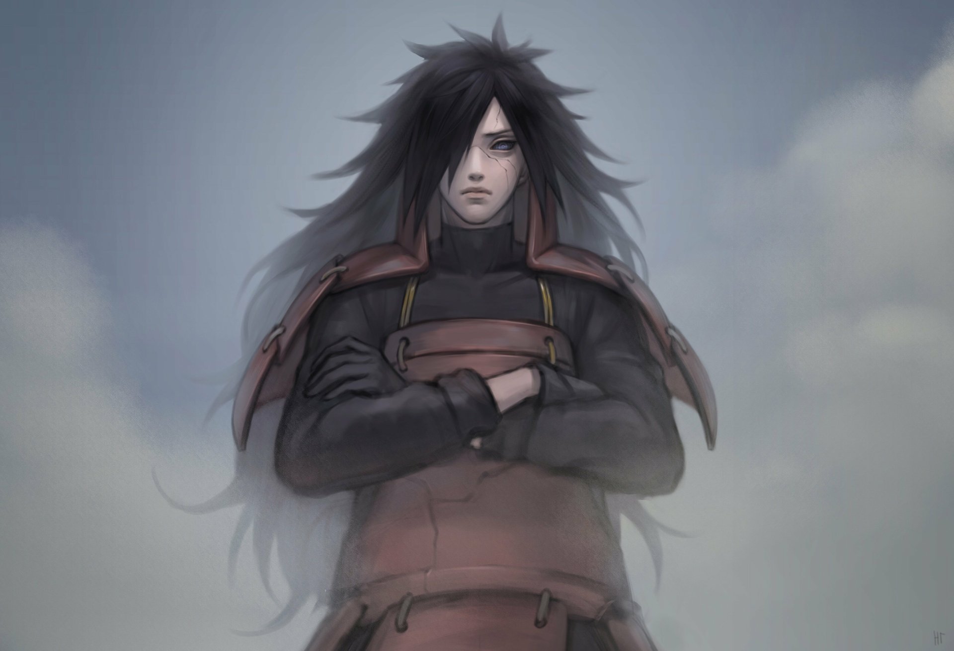 Madara Uchiha from Naruto stands with arms crossed in misty clouds, long dark hair and samurai-style armor — 4K Ultra HD anime PC desktop wallpaper.