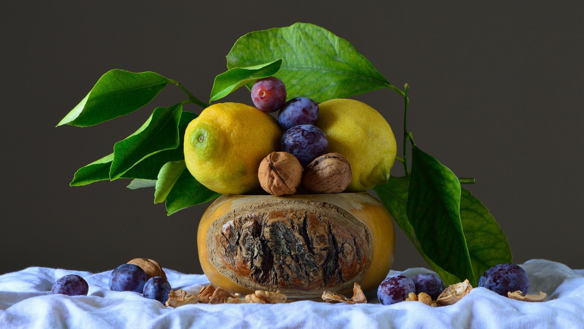 Download Walnut Plum Lemon Food Still Life 4k Ultra HD Wallpaper