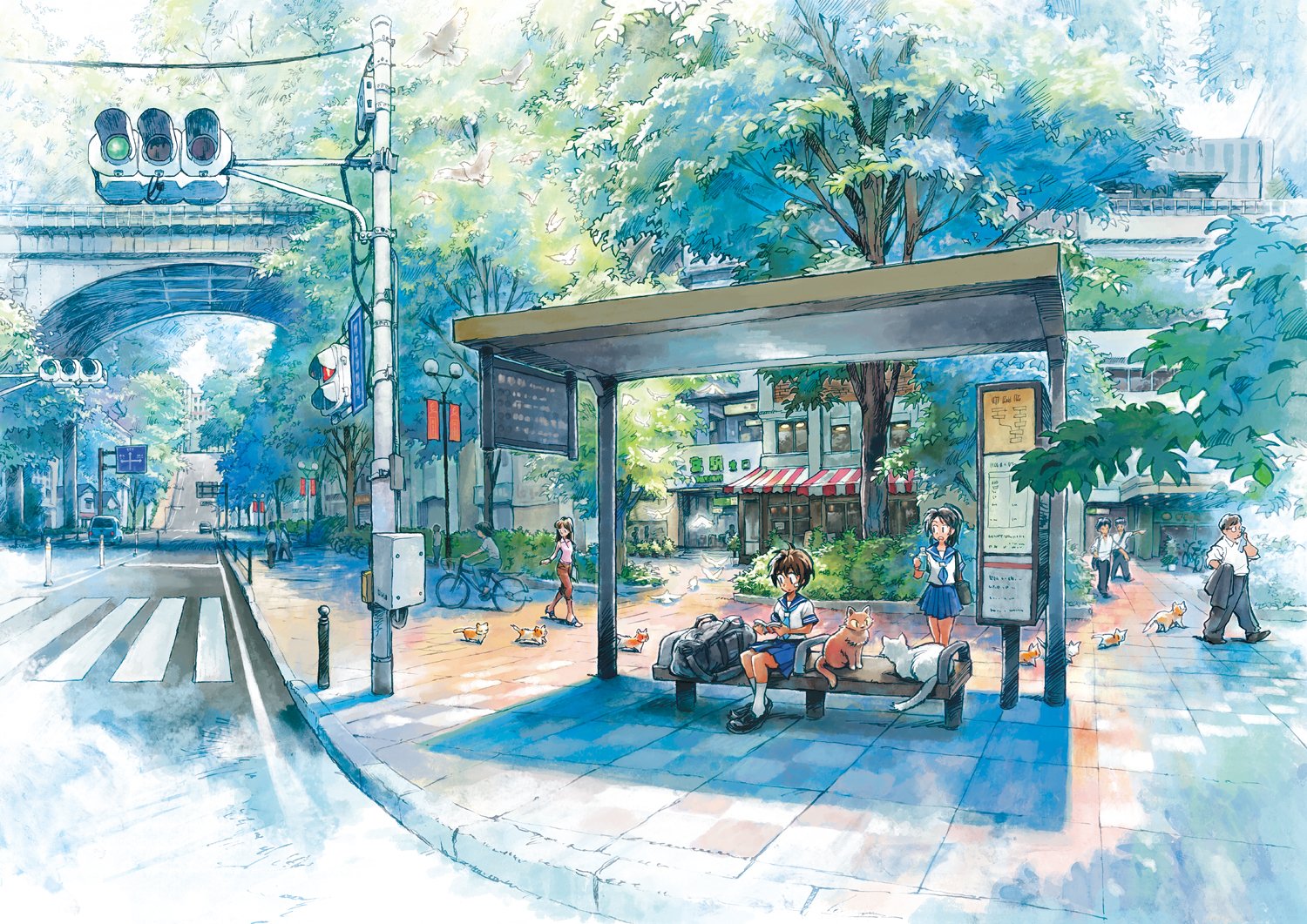 A vibrant anime scene depicting a serene urban setting, featuring characters at a bus stop surrounded by lush greenery and city life, designed as a stunning HD desktop wallpaper.