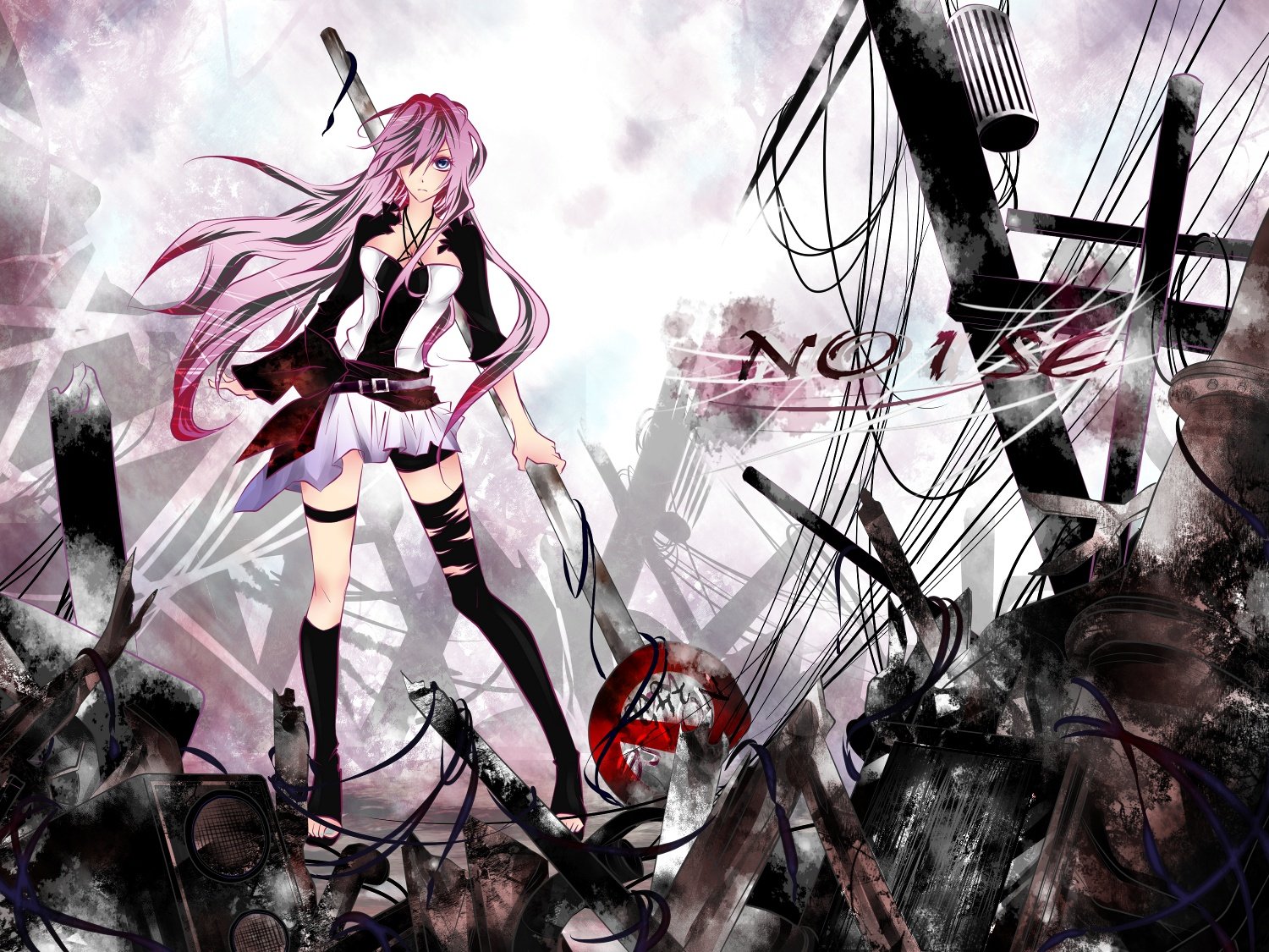 A dynamic HD wallpaper featuring Luka Megurine from the anime Vocaloid, set against a backdrop of chaotic lines and abstract shapes. The word NOISE prominently displayed.