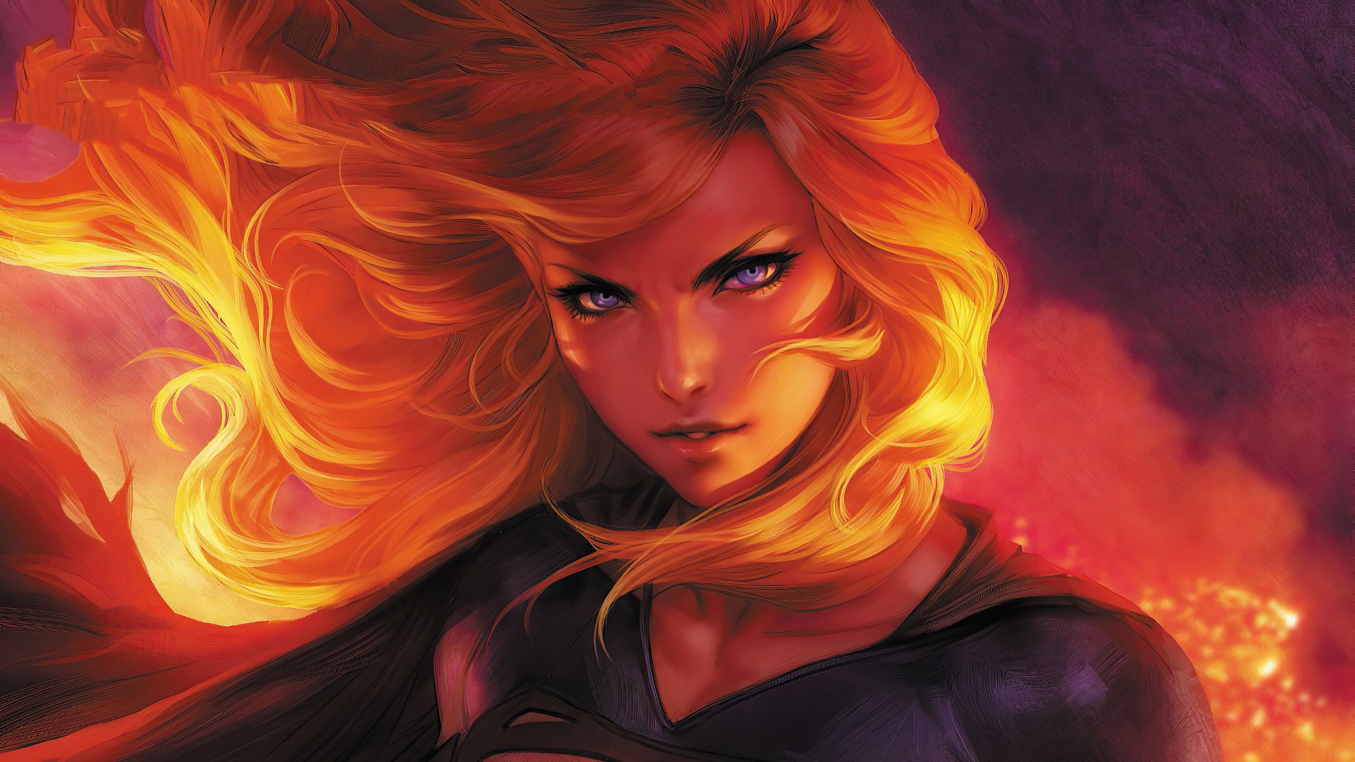 Kara Zor-El as Supergirl from DC Comics depicted in a dynamic, fiery 4K Ultra HD comic-style wallpaper for PC desktop background.