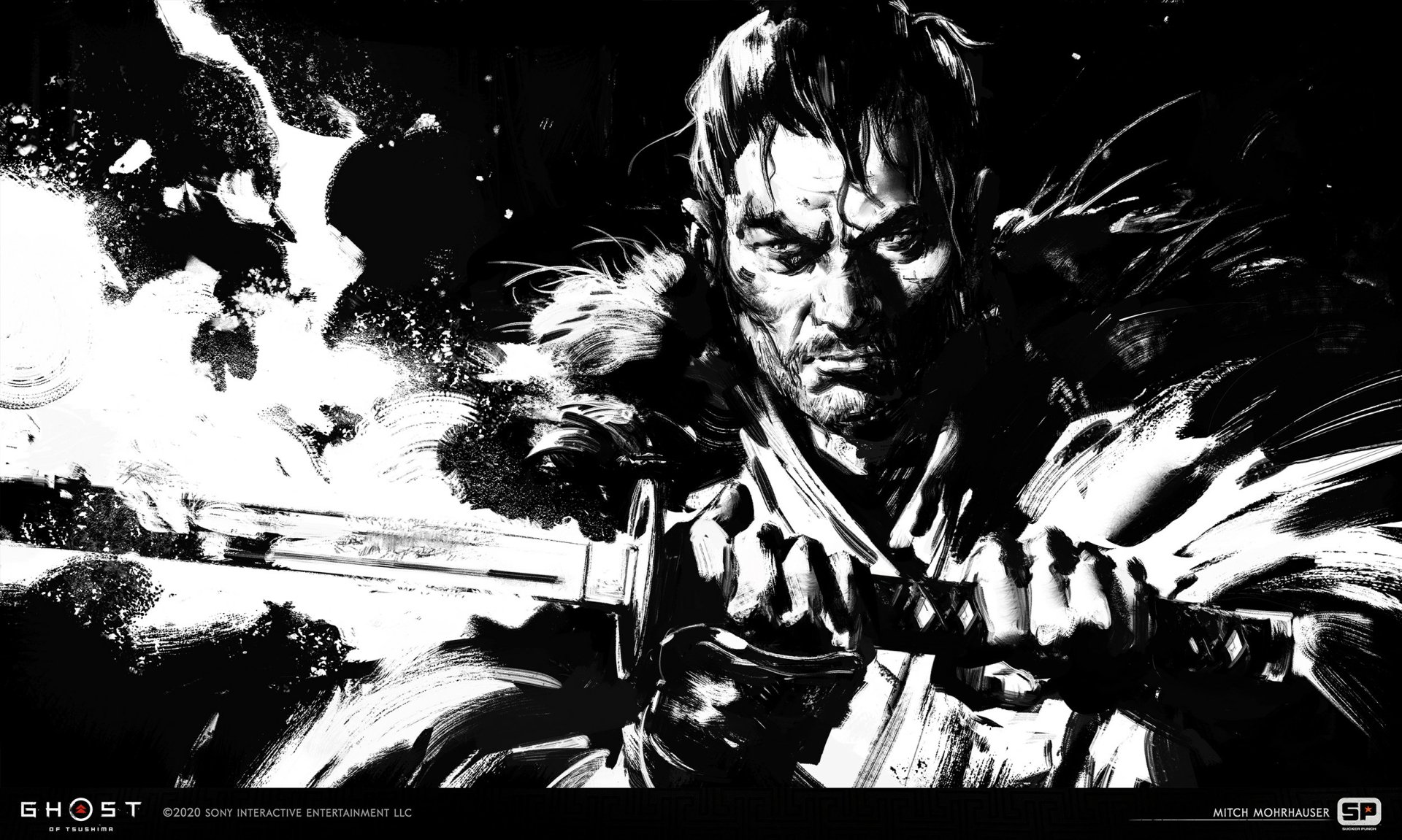 Black-and-white HD PC wallpaper of Jin Sakai from the video game Ghost of Tsushima — a grim samurai clutching a katana amid ink-splattered, high-contrast brushstrokes.