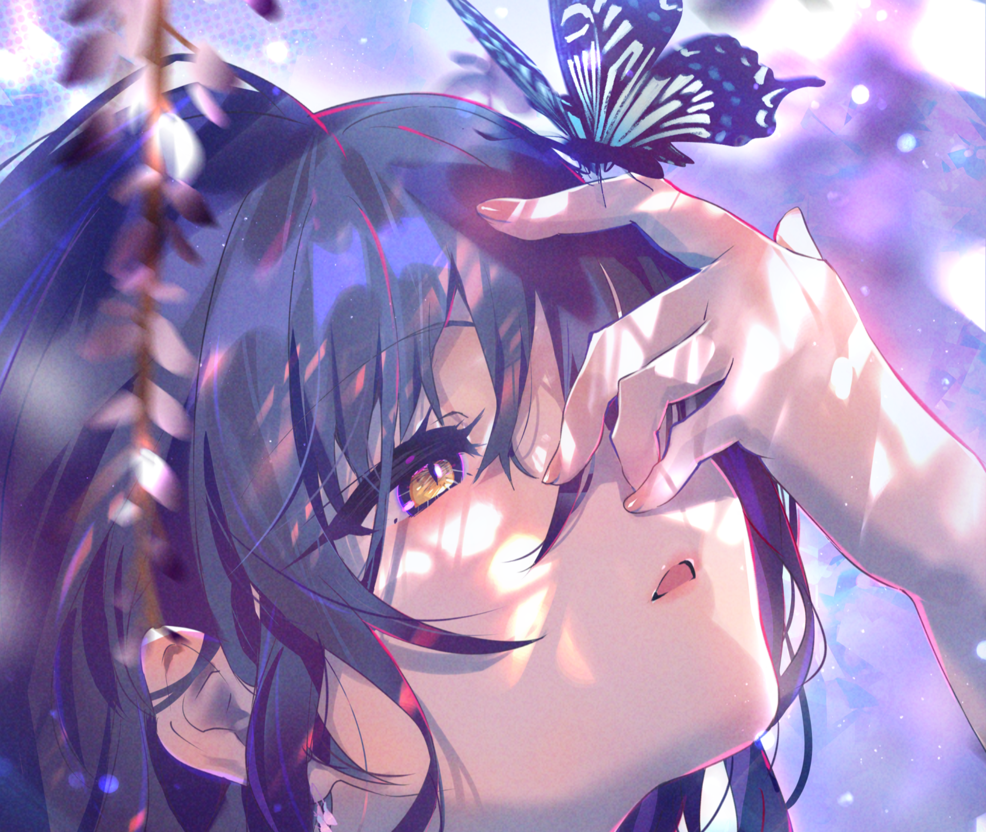 Anime-style HD desktop wallpaper featuring a close-up of a hand gently holding a butterfly near a character's face, bathed in soft, glowing light.
