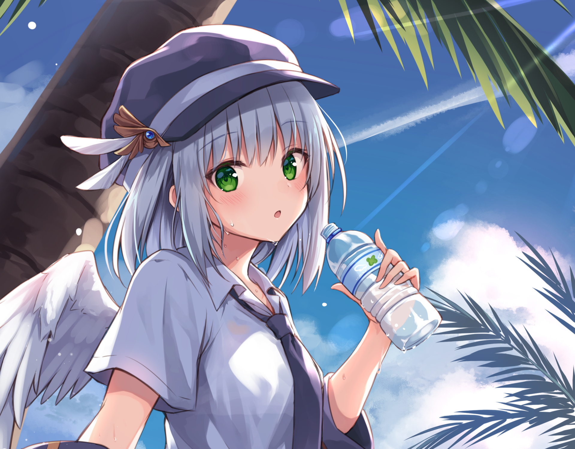 Download Hat Sky Bottle Green Eyes Grey Hair Wings Anime Original HD  Wallpaper by くれ〜ぷ