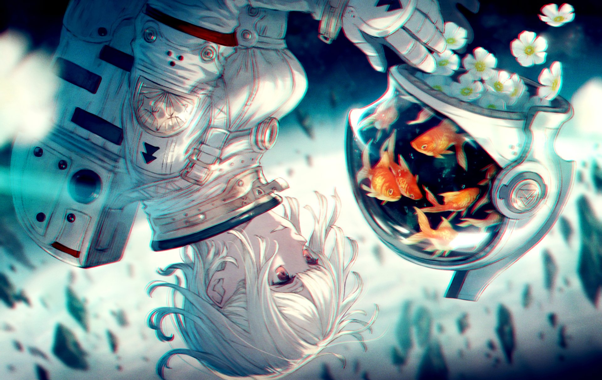 Anime-style astronaut with white hair and pink eyes in a space suit floats underwater surrounded by fish and flowers, creating a surreal HD desktop wallpaper scene.