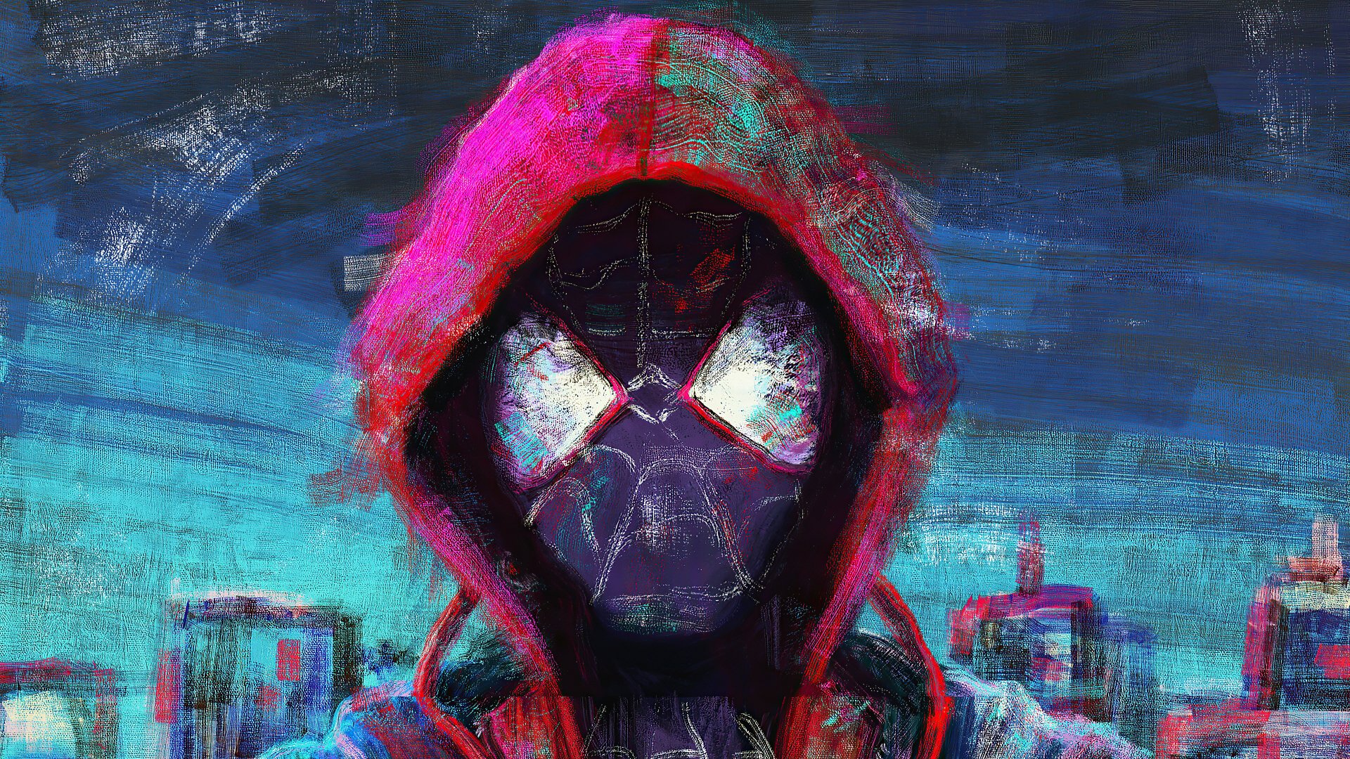 Stylized 4K Ultra HD desktop wallpaper of Miles Morales as Spider-Man (Spider-Man: Into the Spider-Verse), hooded mask glowing neon pink and blue against a gritty city skyline.