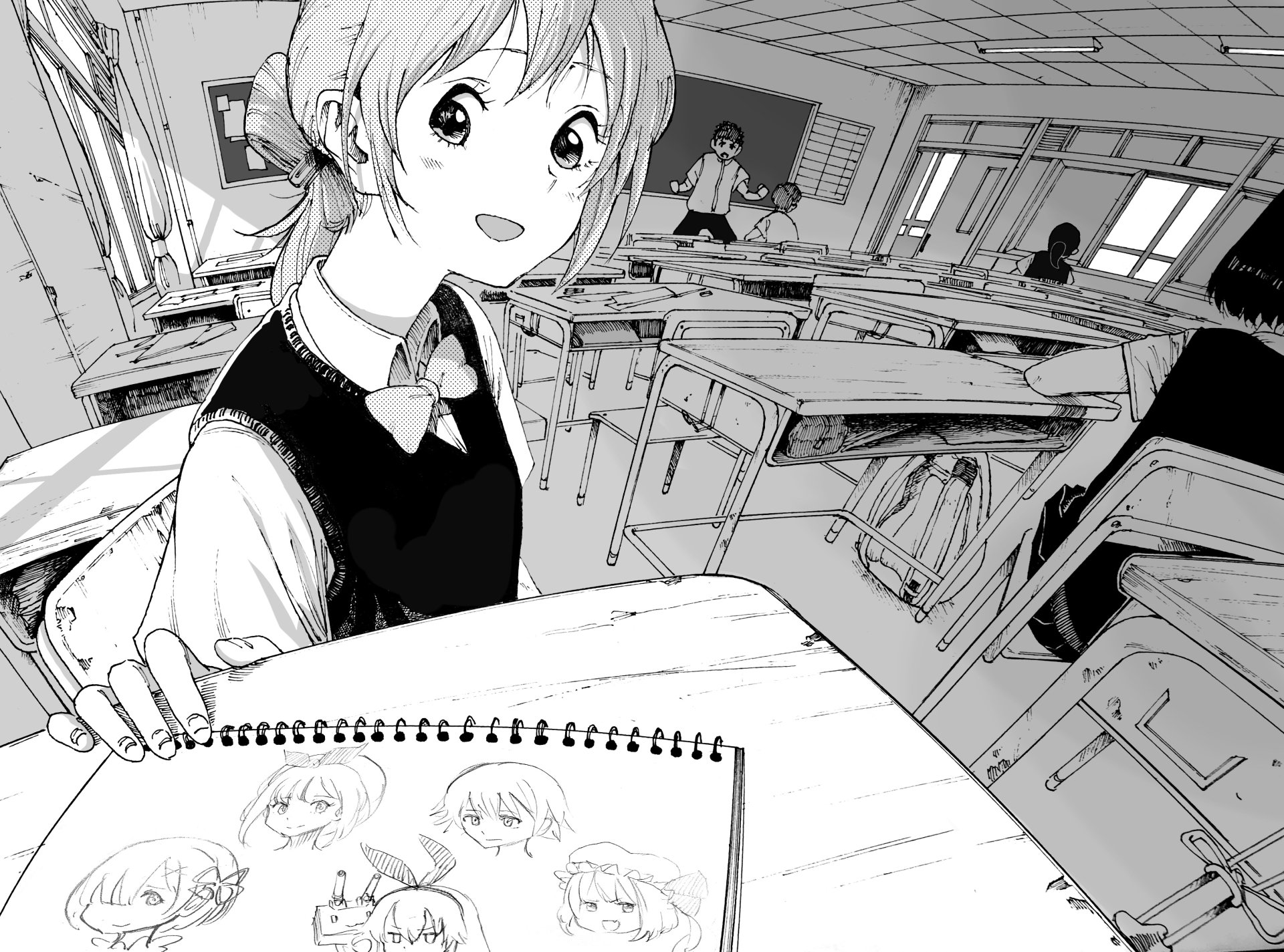 Black-and-white anime-style original illustration of a cheerful girl showing her sketchbook in a classroom, designed as an HD PC desktop wallpaper and background.