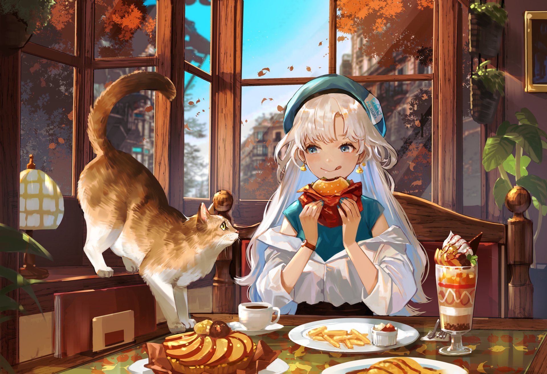 HD PC desktop wallpaper/background — original anime: white-haired girl in a beret enjoys pastries at a sunlit window café, an orange-and-white anime cat arches nearby.
