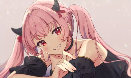 An HD desktop wallpaper featuring an anime girl with pink hair in twintails, red eyes, and a smile. She has small black horns and wears a black off-shoulder top. The background is a subtle light gradient.