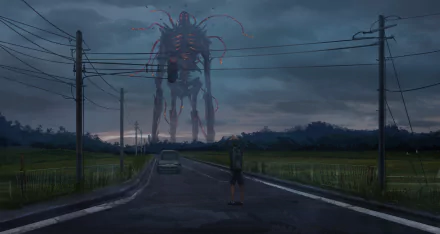 HD anime desktop wallpaper featuring a dark street with a lone figure, a car, and a towering cloud-like creature in the distance under a moody sky.