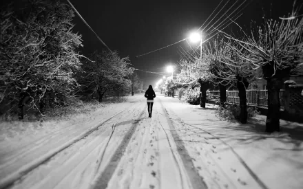 A monochrome winter scene of a solitary figure walking down a snow-covered road, captured in black and white photography as an HD PC desktop wallpaper.