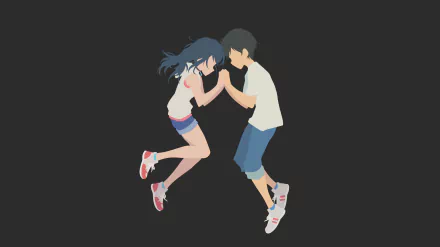 Minimalist 4K Ultra HD anime wallpaper featuring Hodaka Morishima and Hina Amano from Weathering with You against a dark background.